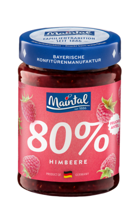 Glas of Maintal raspberry fruit spread, 80% fruit.